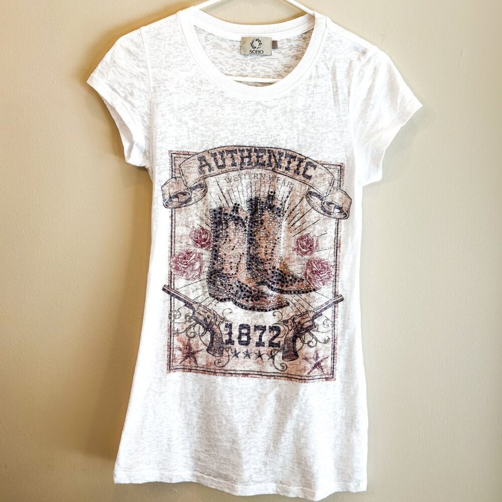 Western Graphic Tee Sheer Rhinestone Burnout Top | White | Size 2 - Picture 2 of 3